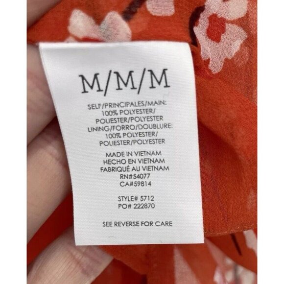 Cabi Chiffon Cherry Blossom Orange Red Floral Split Short Sleeve Top Sz M #5712 - Picture 7 of 10